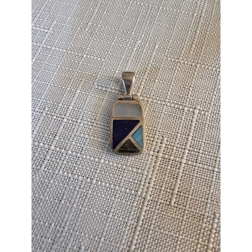 925 Sterling Silver Geometric Inlay Pendant Lapis Mother of Pearl Turquoise